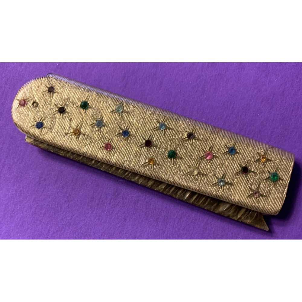 Vintage Jeweled ART DECO Folding Handmade in France  comb stars rhinestones gold